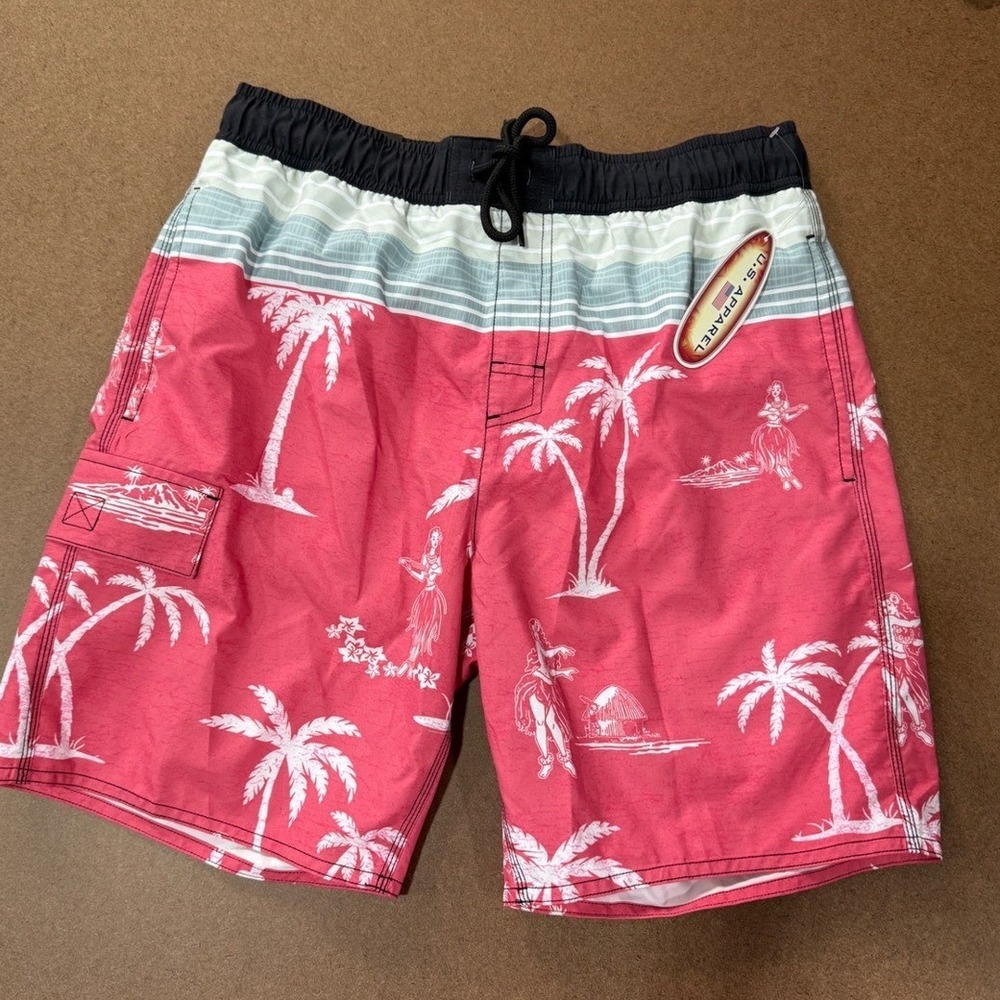U.S. Apparel Mens Swim Trunks Red Tropical Palm Tree Hula Print Board Shorts M